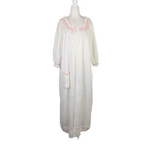 Vintage 70s cream embroidered smocked maxi length robe